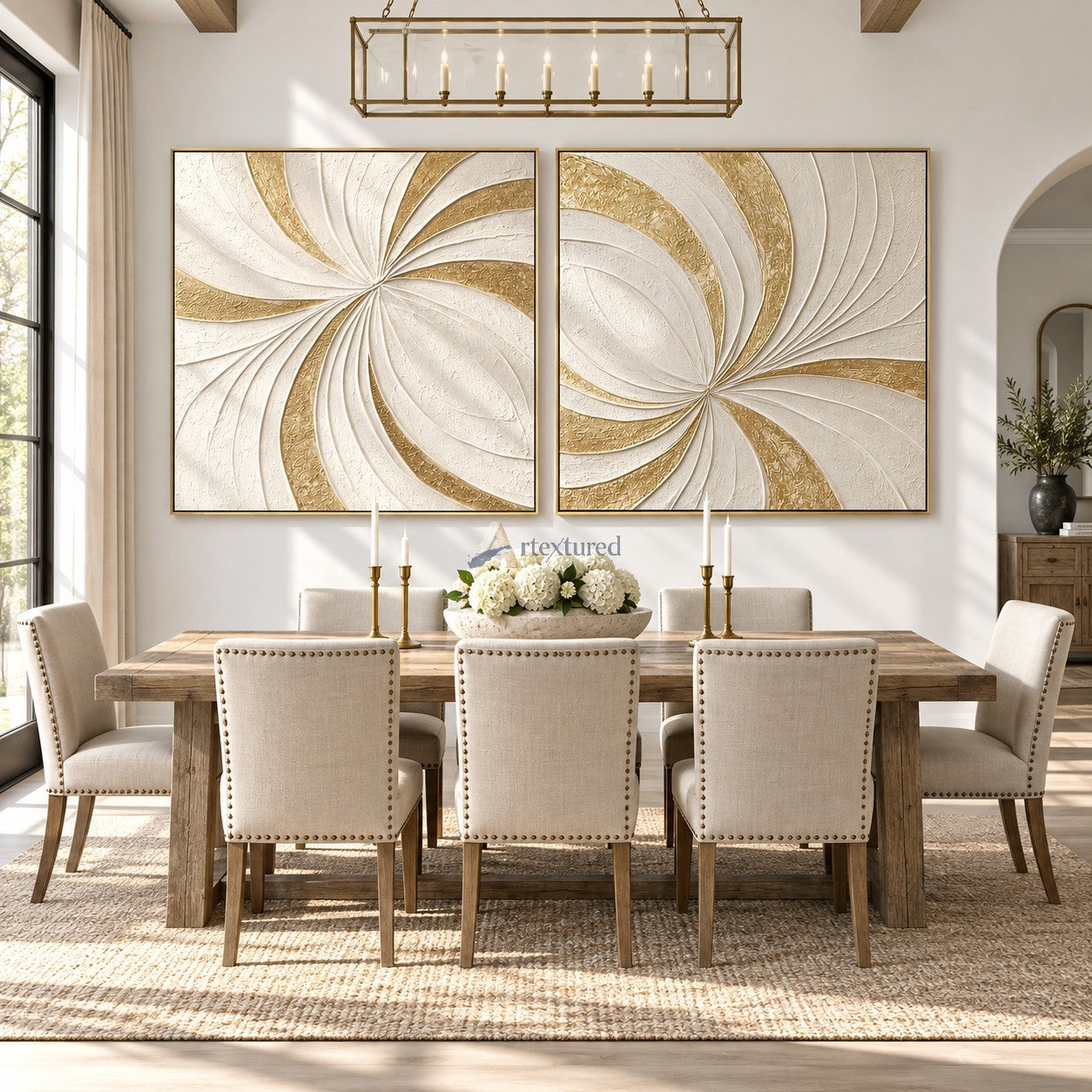 Gilded Motion — Hand-Painted White and Gold Textured Abstract Wall Art Set#CI260571