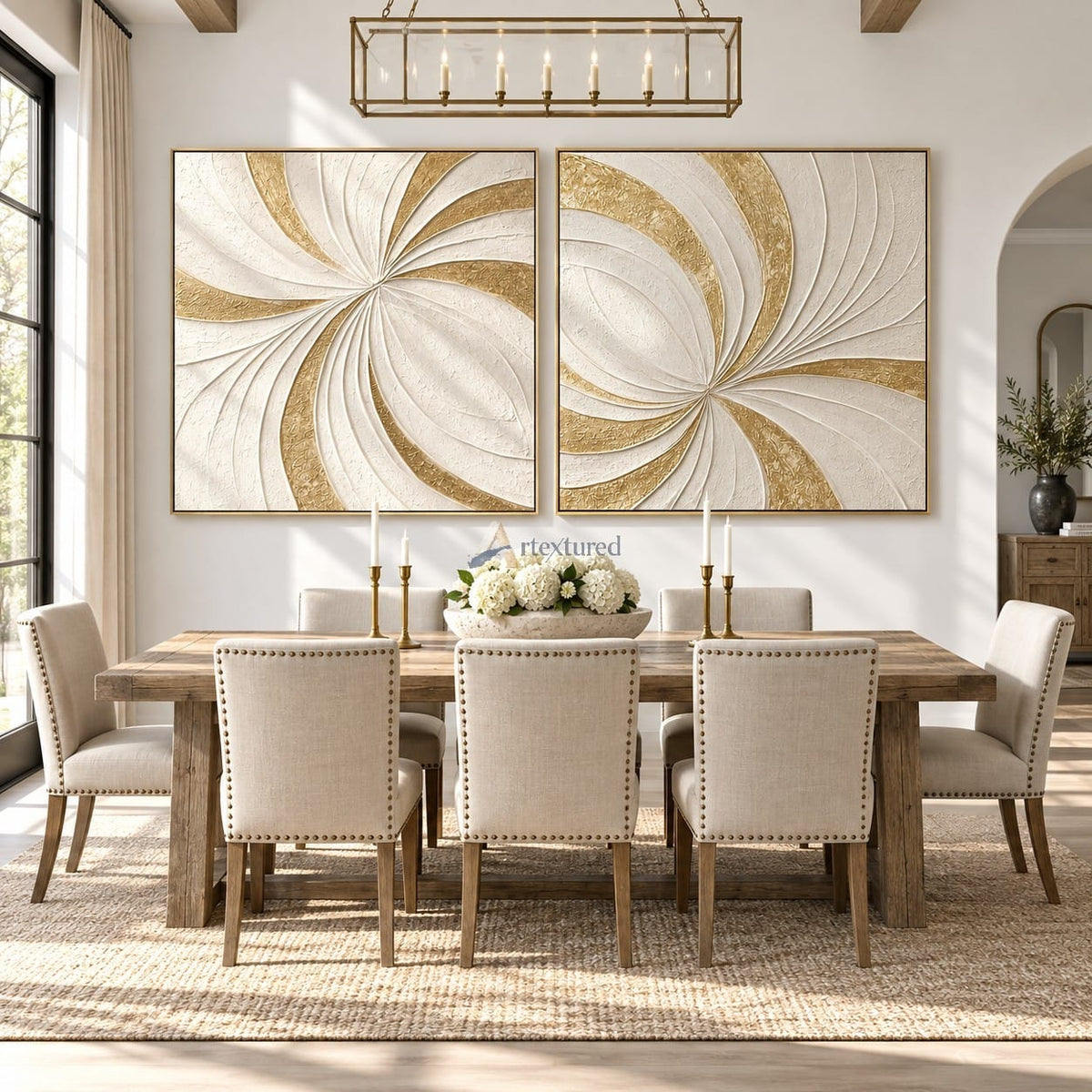 texture Gilded Motion — Hand-Painted White and Gold Textured Abstract Wall Art Set#CI260571