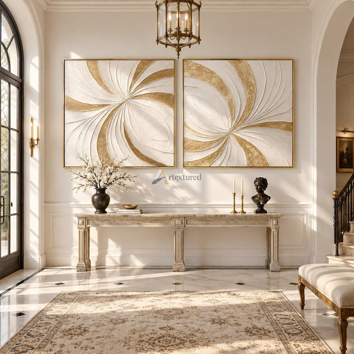 Gilded Motion — Hand-Painted White and Gold Textured Abstract Wall Art Set#CI260571