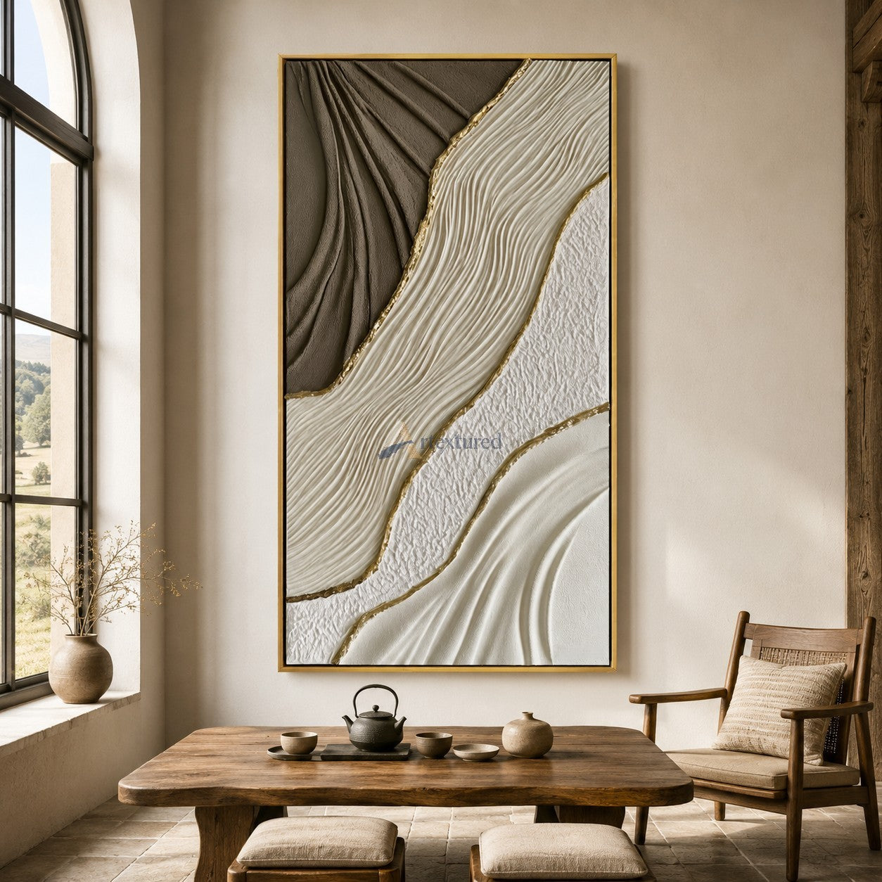 Gilded Drift — Hand-Painted Taupe and Ivory Wabi-Sabi Textured Abstract Wall Art#CI260573