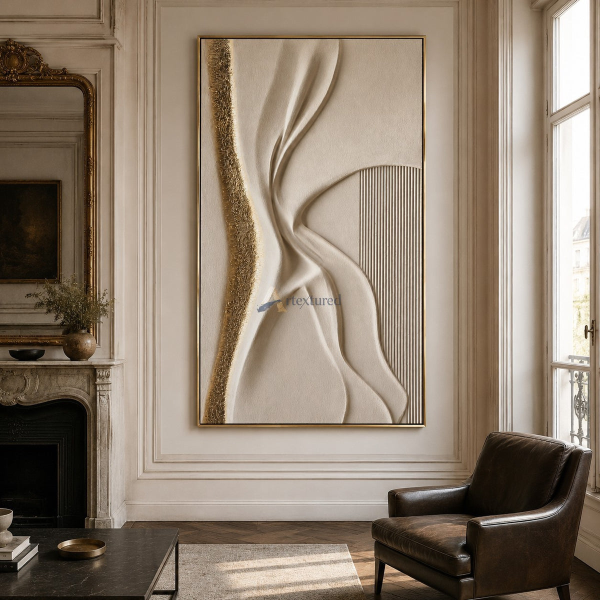 Golden Fold — Hand-Painted Ivory Wabi-Sabi Sculptural Textured Wall Art#CI260574
