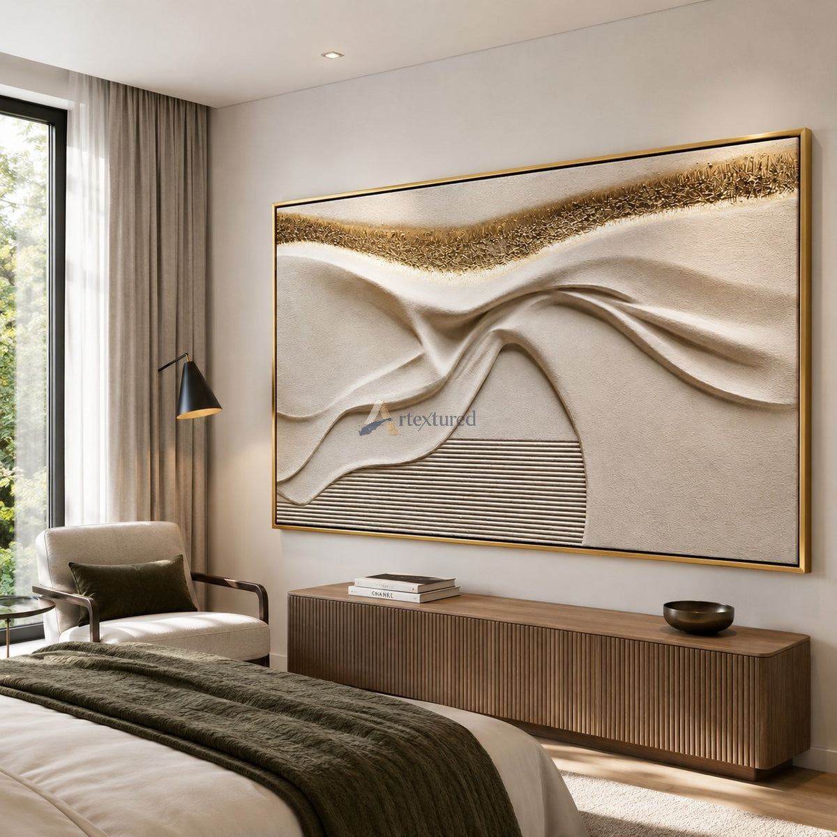 Golden Fold — Hand-Painted Ivory Wabi-Sabi Sculptural Textured Wall Art#CI260574