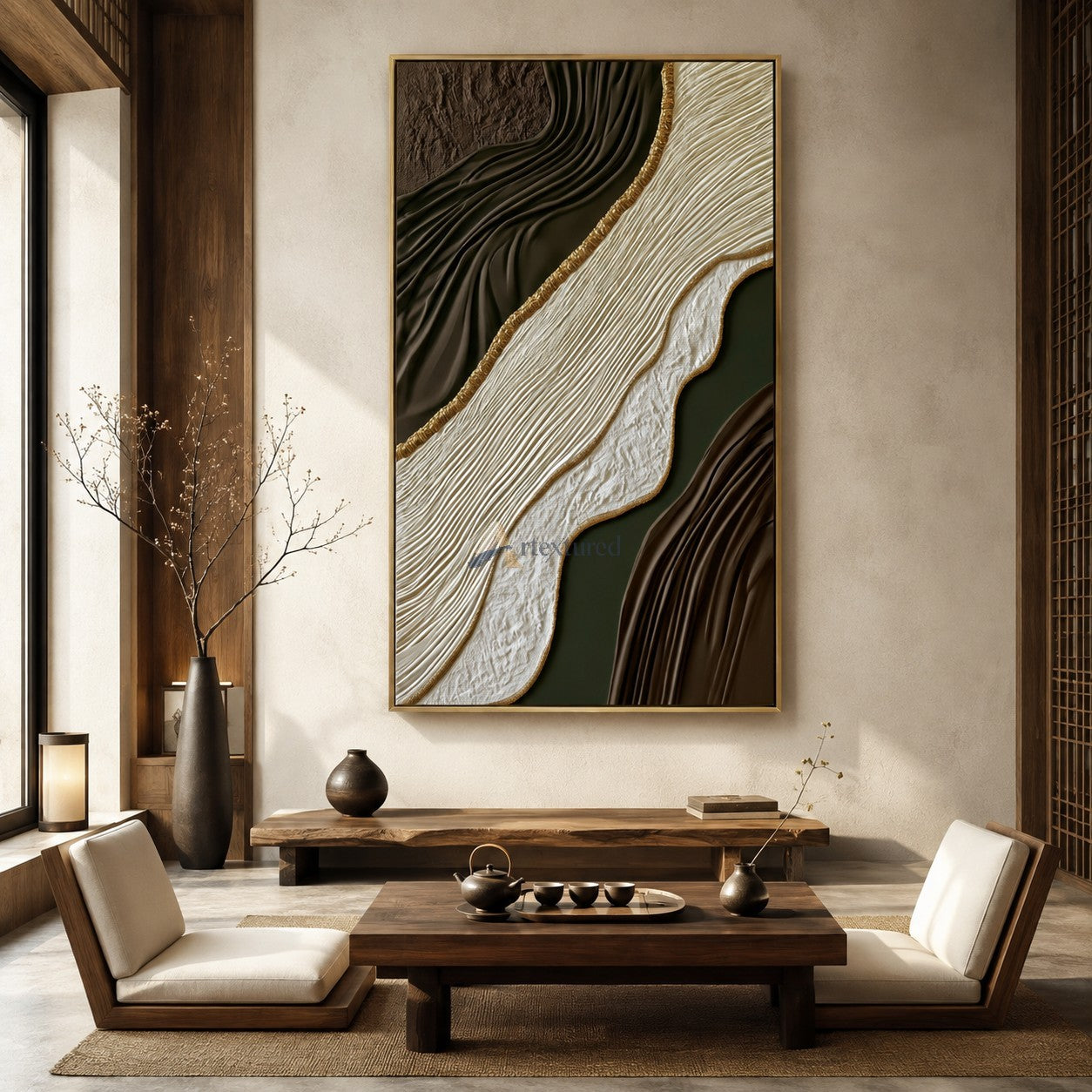Gilded Earthflow — Hand-Painted Brown and Olive Wabi-Sabi Textured Abstract Wall Art#CI260575