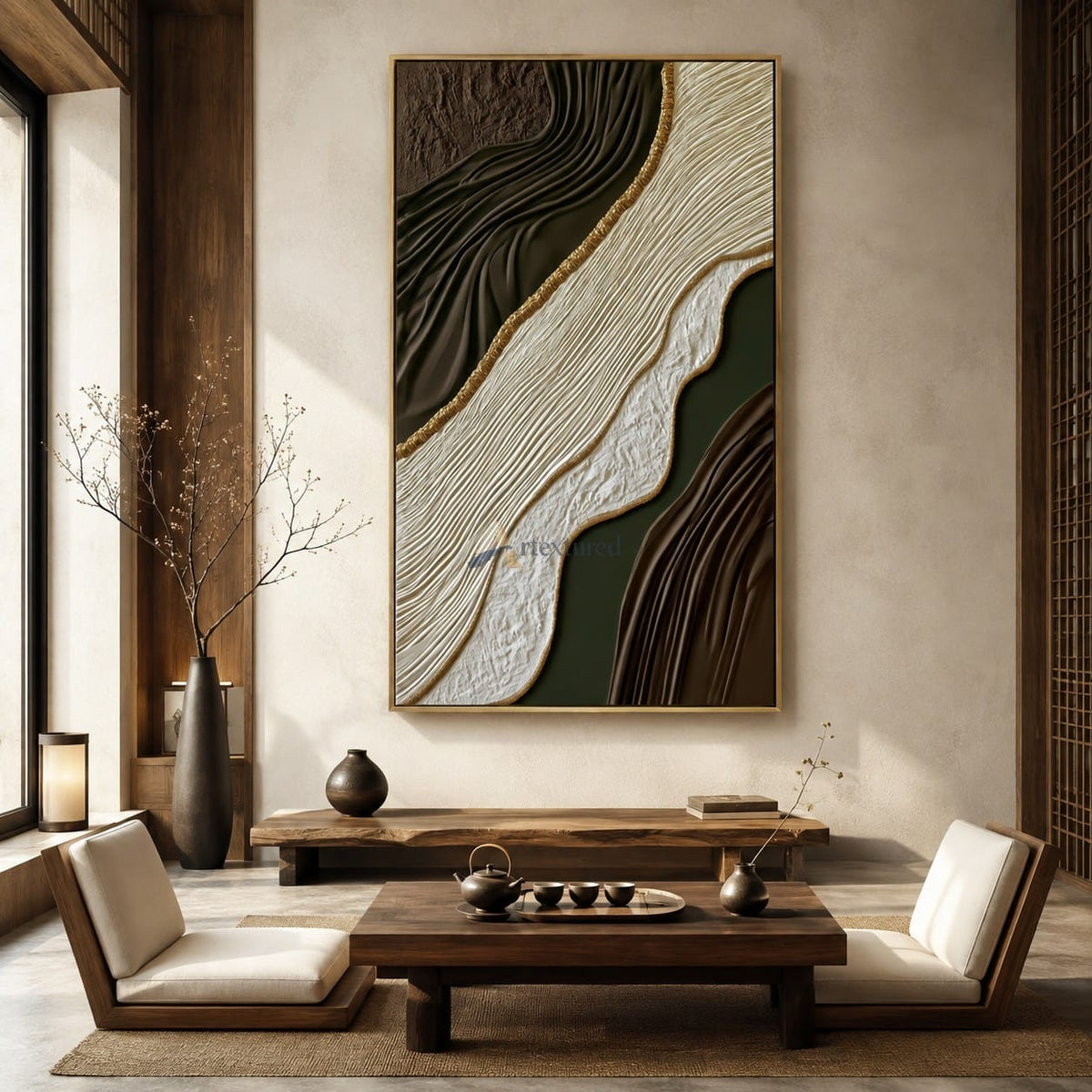 Gilded Earthflow — Hand-Painted Brown and Olive Wabi-Sabi Textured Abstract Wall Art#CI260575