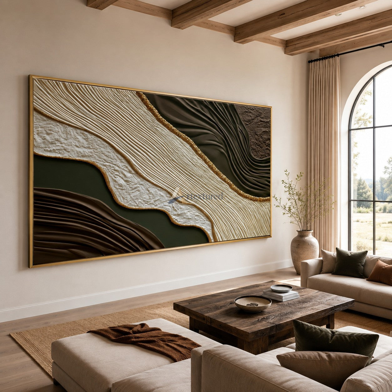 Gilded Earthflow — Hand-Painted Brown and Olive Wabi-Sabi Textured Abstract Wall Art#CI260575