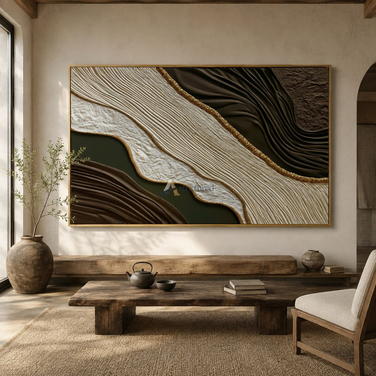 Gilded Earthflow — Hand-Painted Brown and Olive Wabi-Sabi Textured Abstract Wall Art#CI260575