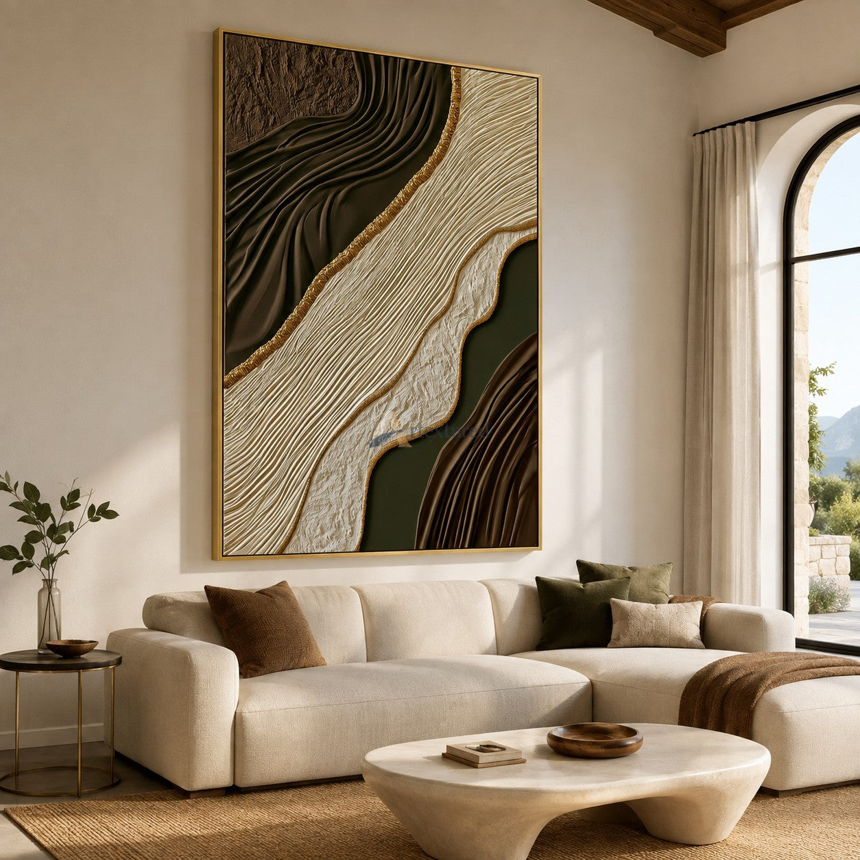 Gilded Earthflow — Hand-Painted Brown and Olive Wabi-Sabi Textured Abstract Wall Art#CI260575