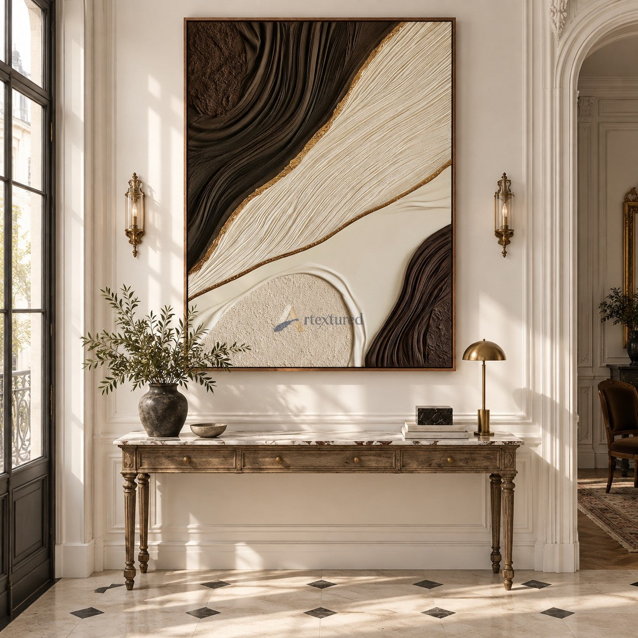 Gilded Strata — Hand-Painted Brown and Ivory Wabi-Sabi Textured Abstract Wall Art#CI260577