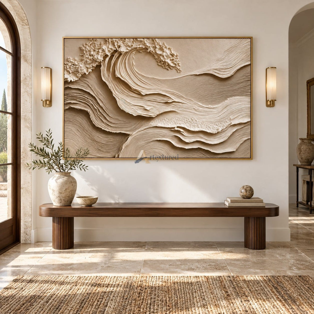 Quiet Tide — Hand-Painted Ivory Sculptural Ocean Wave Wall Art#CI260578