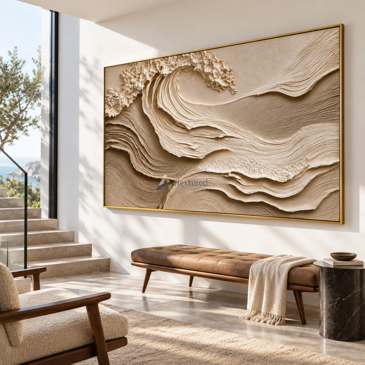 Quiet Tide — Hand-Painted Ivory Sculptural Ocean Wave Wall Art#CI260578