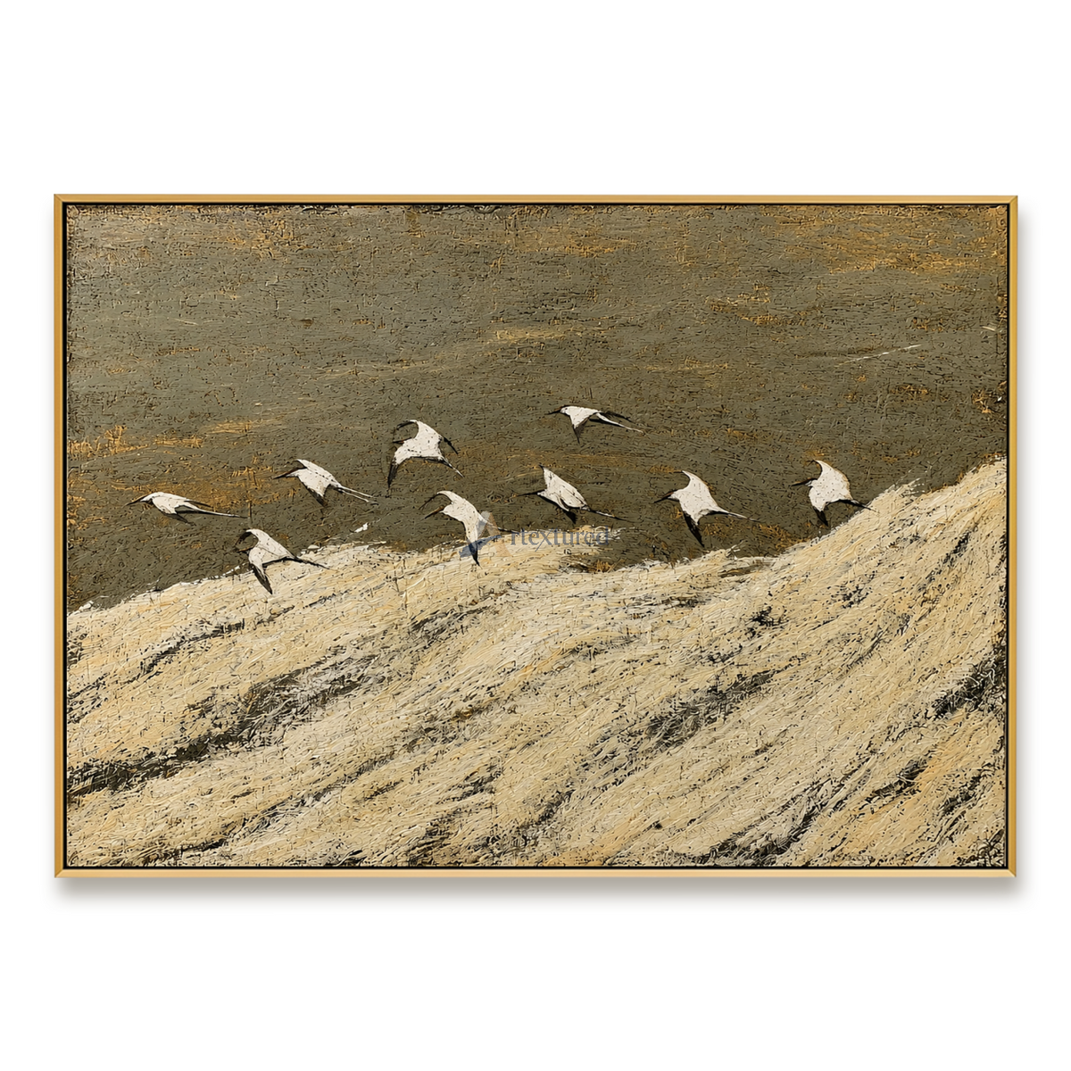 Golden Migration — Hand-Painted Textured Flying Birds Landscape Wall Art#CI260579