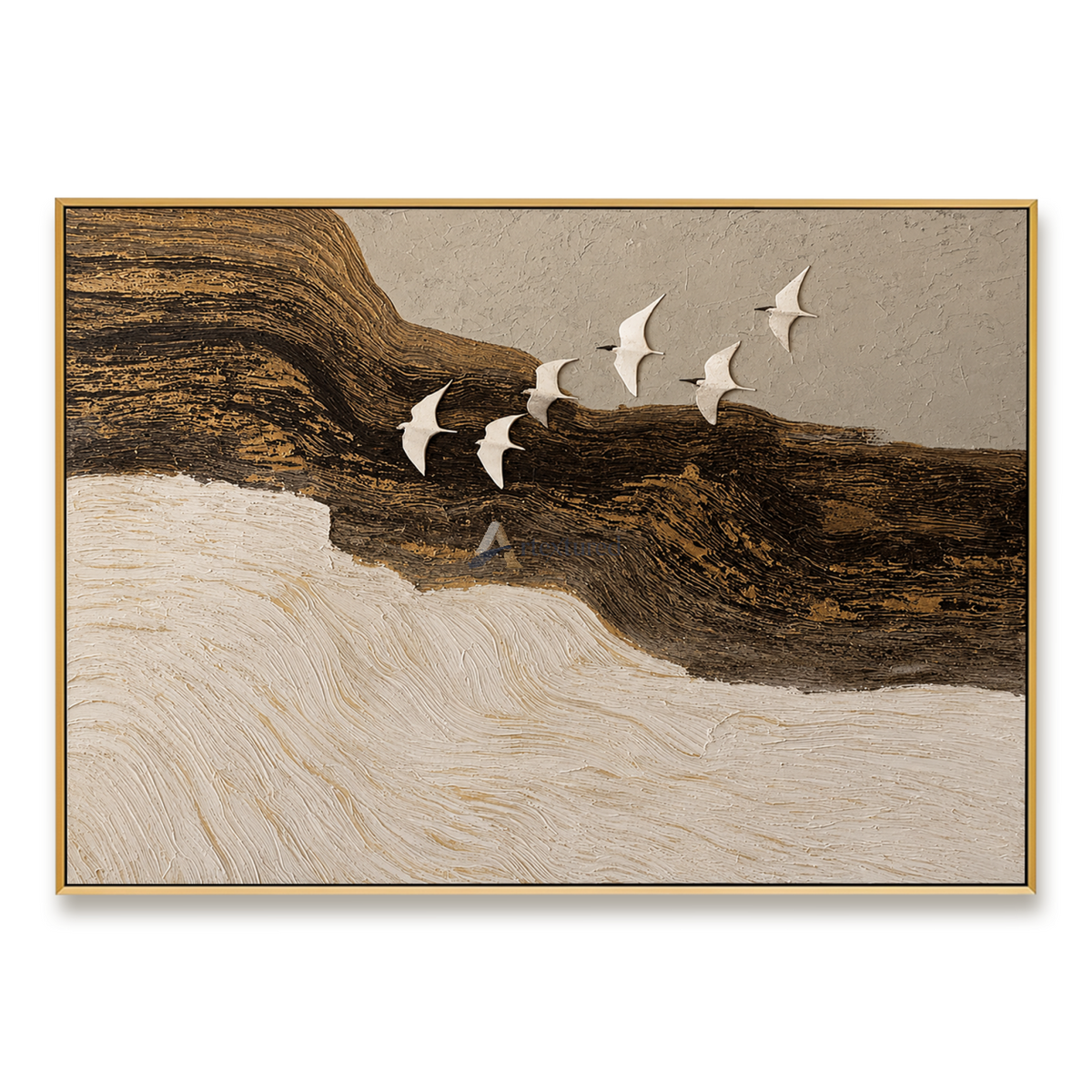 Flight Beyond — Hand-Painted Black, Gold and Ivory Textured Bird Wall Art#CI260580