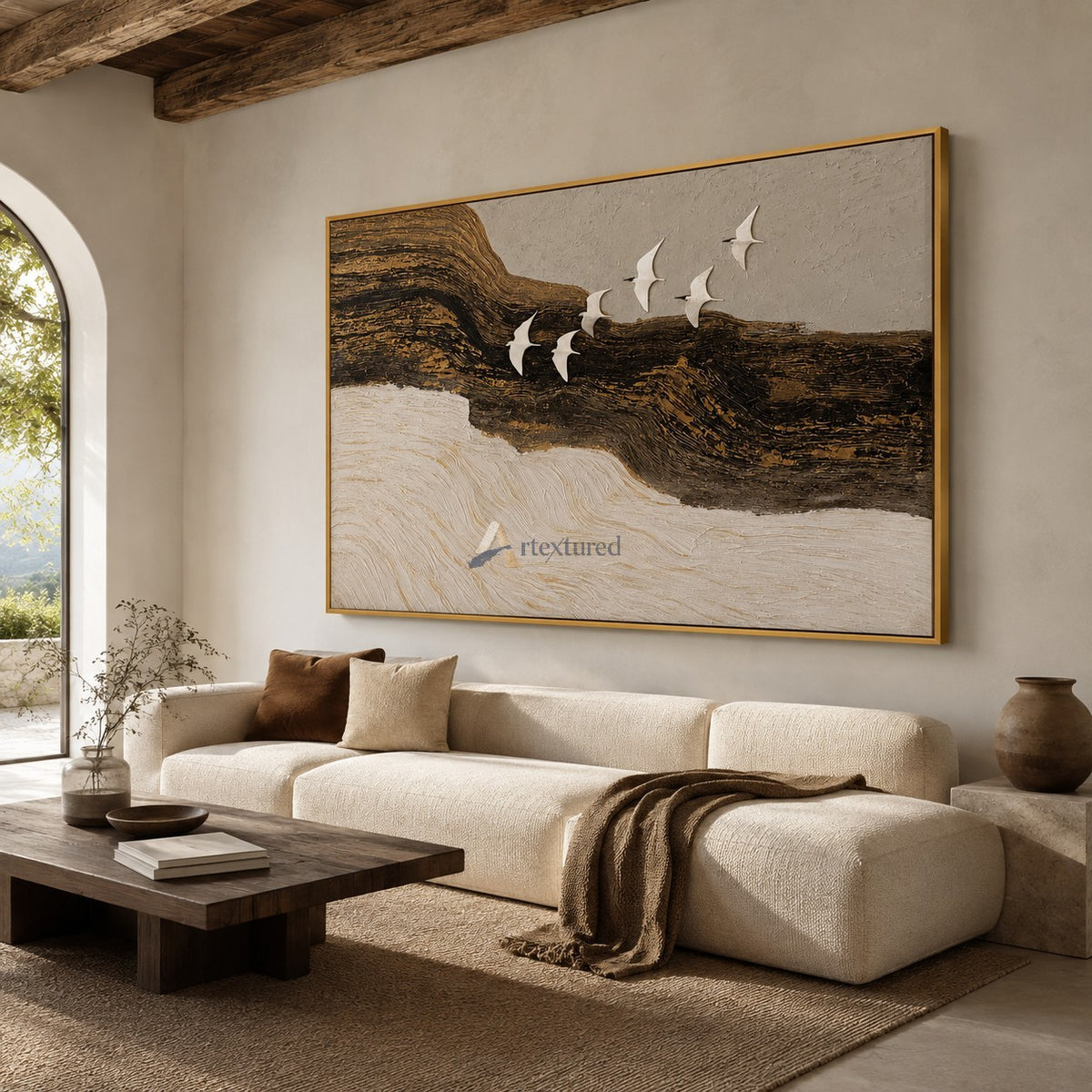 Flight Beyond — Hand-Painted Black, Gold and Ivory Textured Bird Wall Art#CI260580