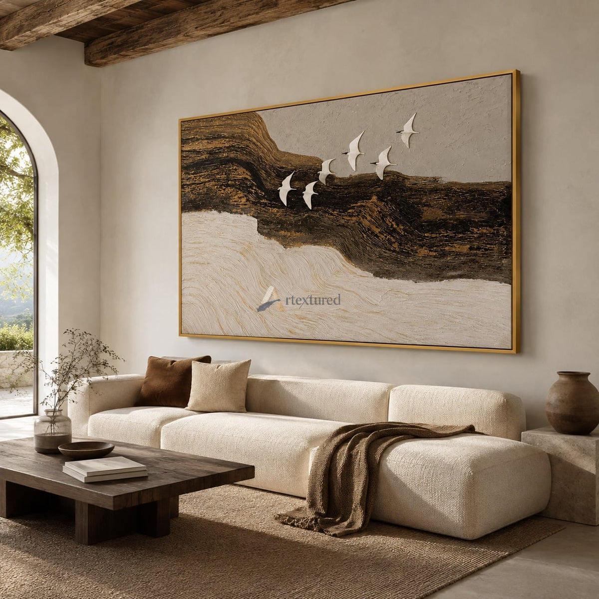 Flight Beyond — Hand-Painted Black, Gold and Ivory Textured Bird Wall Art#CI260580