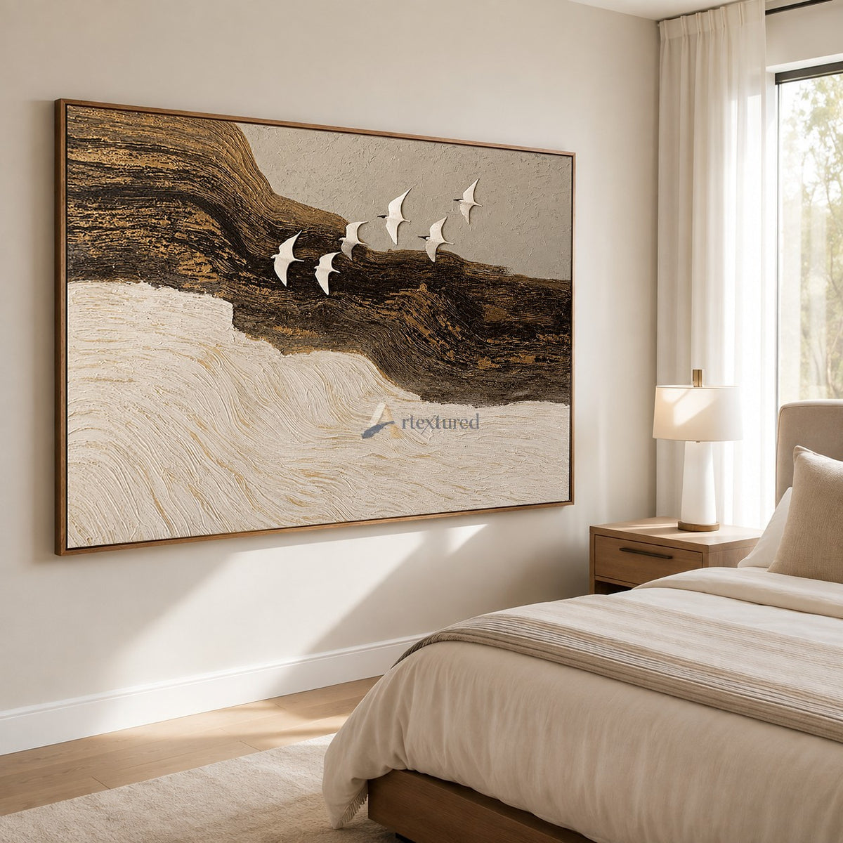 Flight Beyond — Hand-Painted Black, Gold and Ivory Textured Bird Wall Art#CI260580