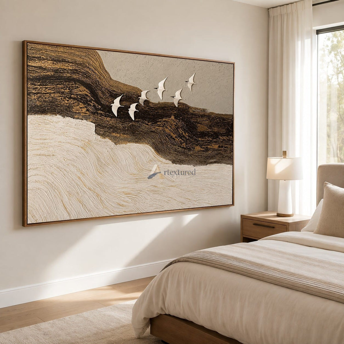 Flight Beyond — Hand-Painted Black, Gold and Ivory Textured Bird Wall Art#CI260580