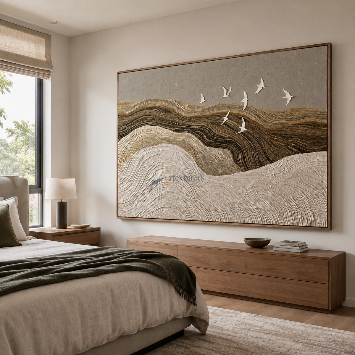 Silent Passage — Hand-Painted Neutral Textured Landscape and Flying Birds Wall Art#CI260581