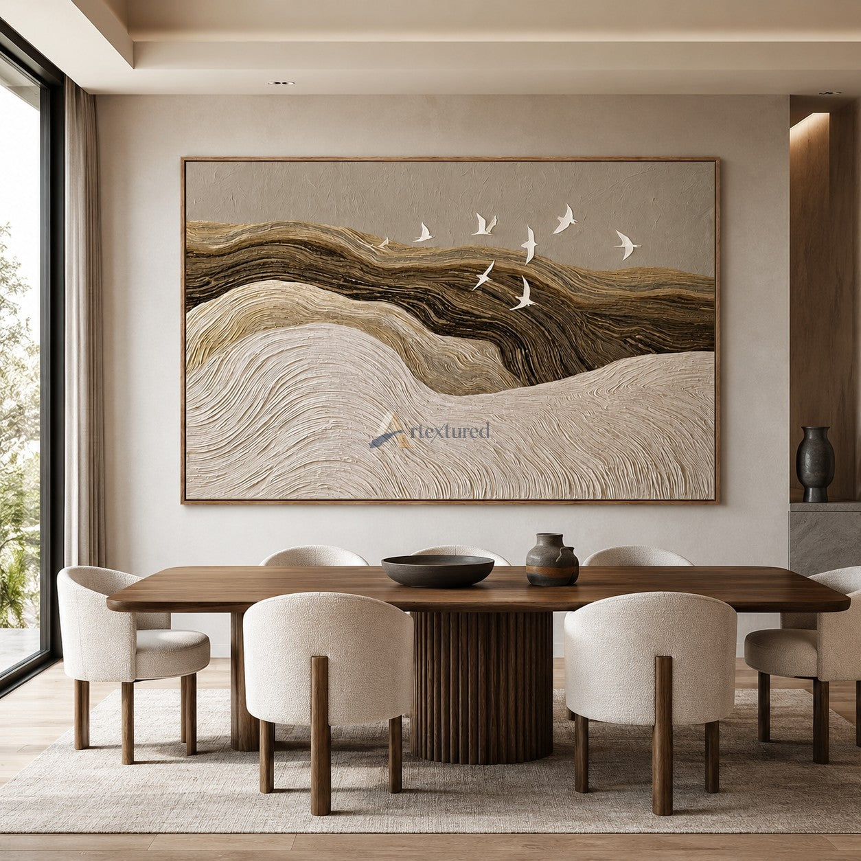 Silent Passage — Hand-Painted Neutral Textured Landscape and Flying Birds Wall Art#CI260581