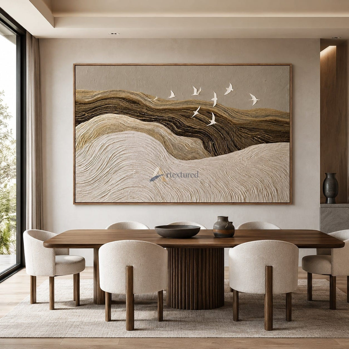Silent Passage — Hand-Painted Neutral Textured Landscape and Flying Birds Wall Art#CI260581