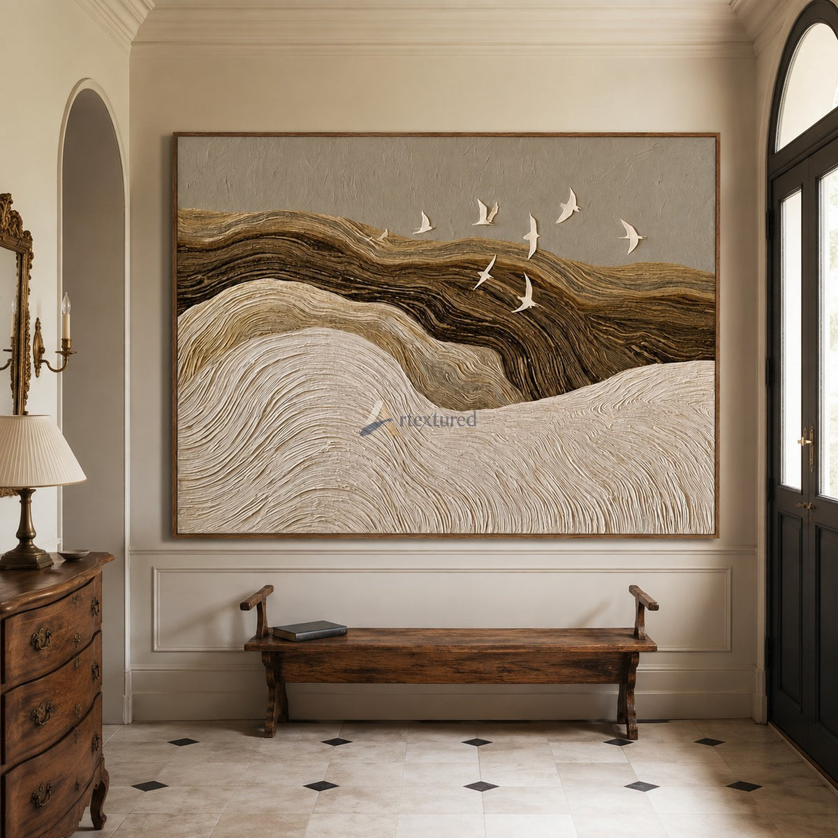 Silent Passage — Hand-Painted Neutral Textured Landscape and Flying Birds Wall Art#CI260581