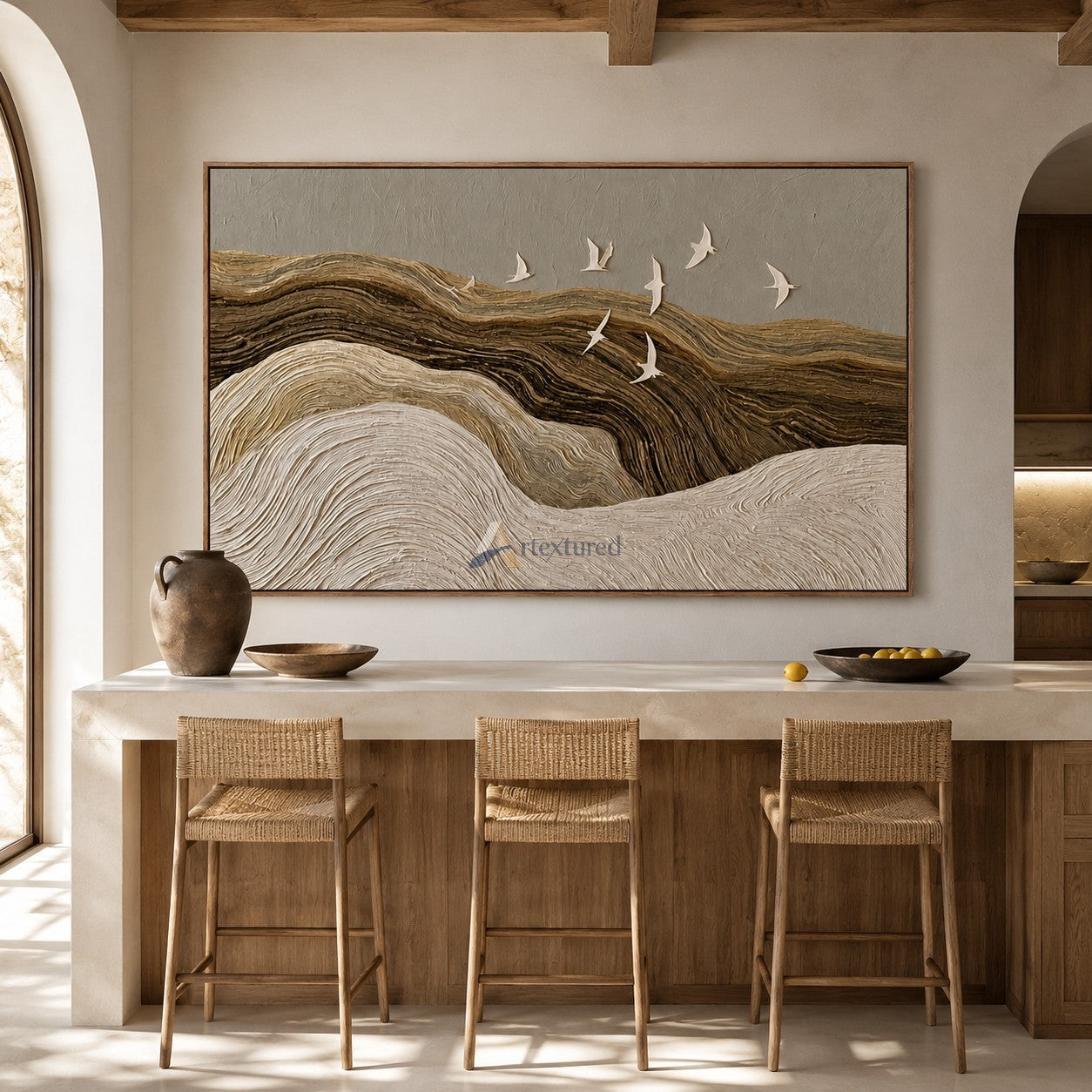Silent Passage — Hand-Painted Neutral Textured Landscape and Flying Birds Wall Art#CI260581