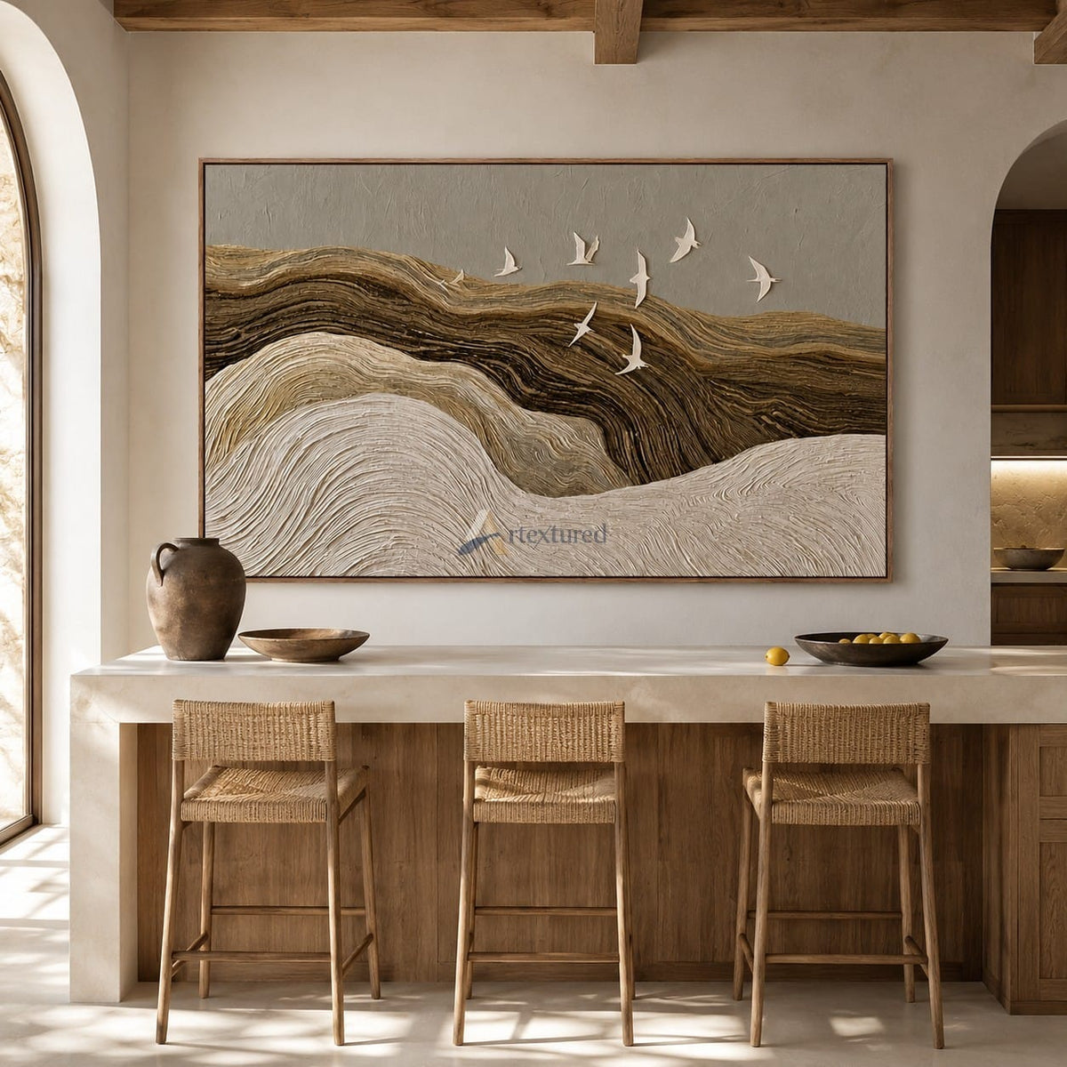 Silent Passage — Hand-Painted Neutral Textured Landscape and Flying Birds Wall Art#CI260581