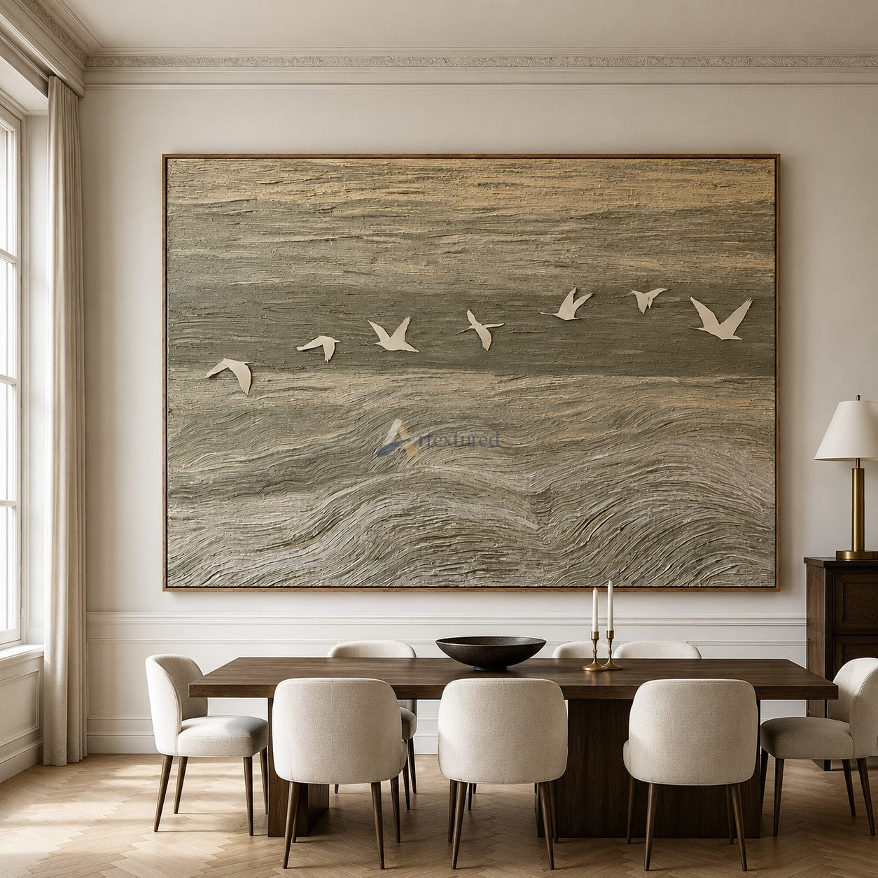 Coastal Flight — Hand-Painted Neutral Textured Seascape and Flying Birds Wall Art#CI260582