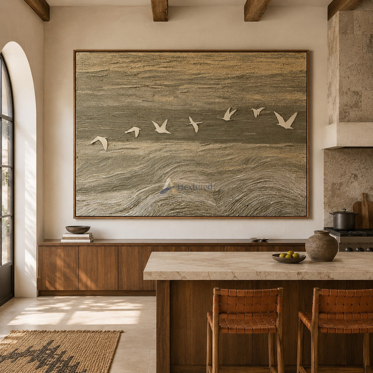 Coastal Flight — Hand-Painted Neutral Textured Seascape and Flying Birds Wall Art#CI260582