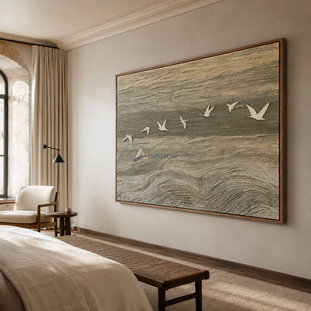 Coastal Flight — Hand-Painted Neutral Textured Seascape and Flying Birds Wall Art#CI260582