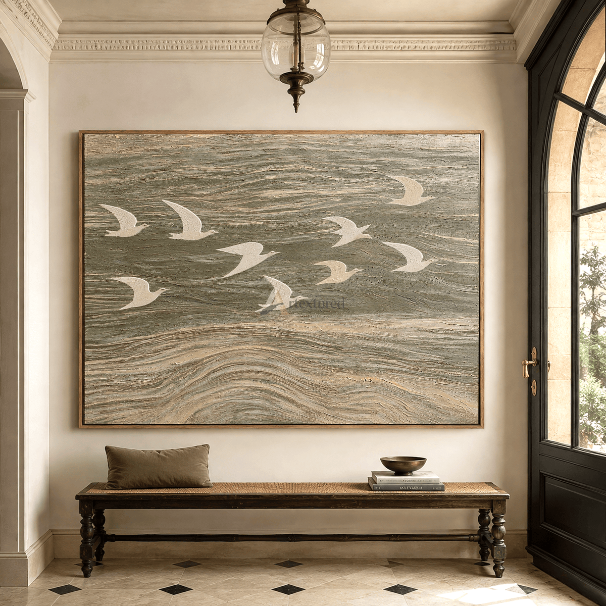 Wings Across the Tide — Neutral Textured Flying Birds Wall Art#CI260583