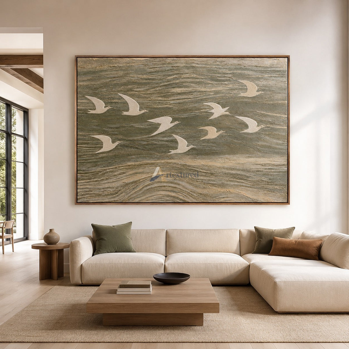 Wings Across the Tide — Neutral Textured Flying Birds Wall Art#CI260583