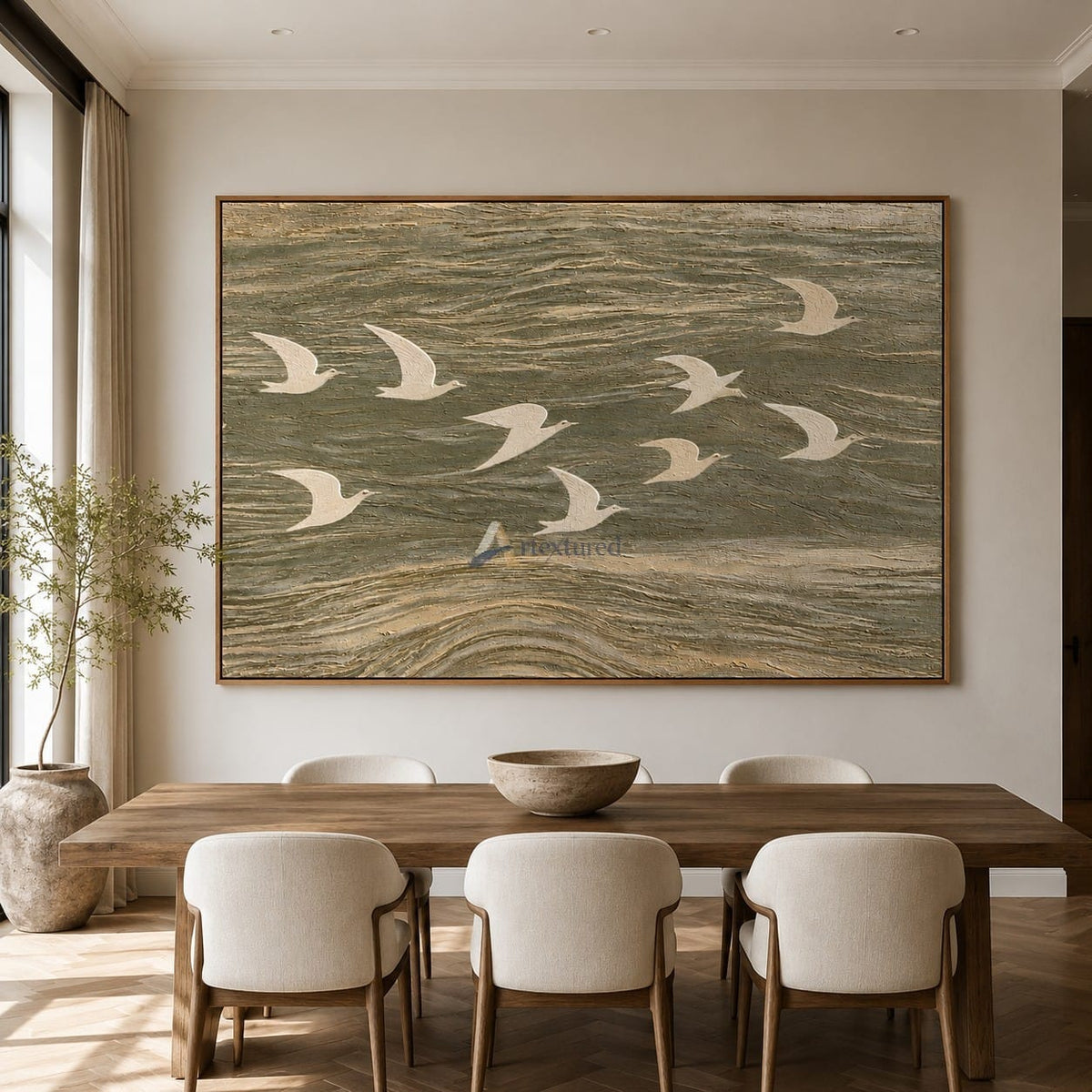 Wings Across the Tide — Neutral Textured Flying Birds Wall Art#CI260583