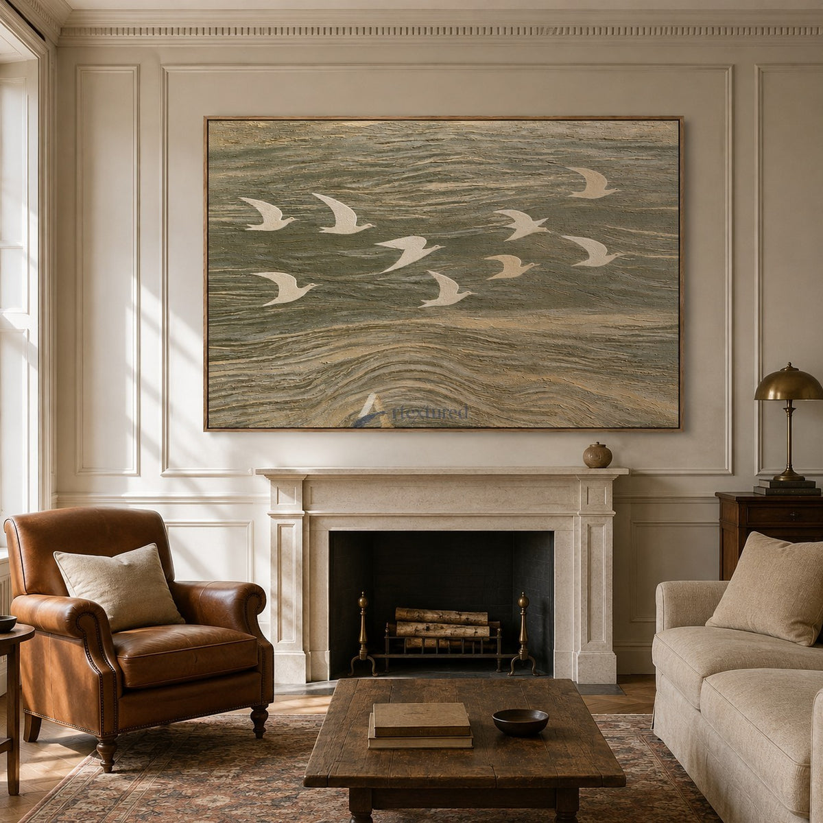 Wings Across the Tide — Neutral Textured Flying Birds Wall Art#CI260583