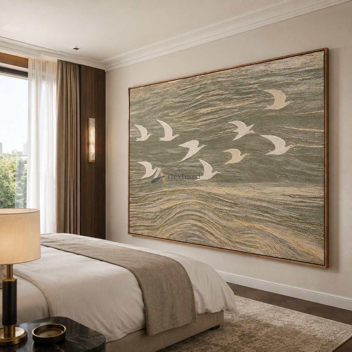 Wings Across the Tide — Neutral Textured Flying Birds Wall Art#CI260583
