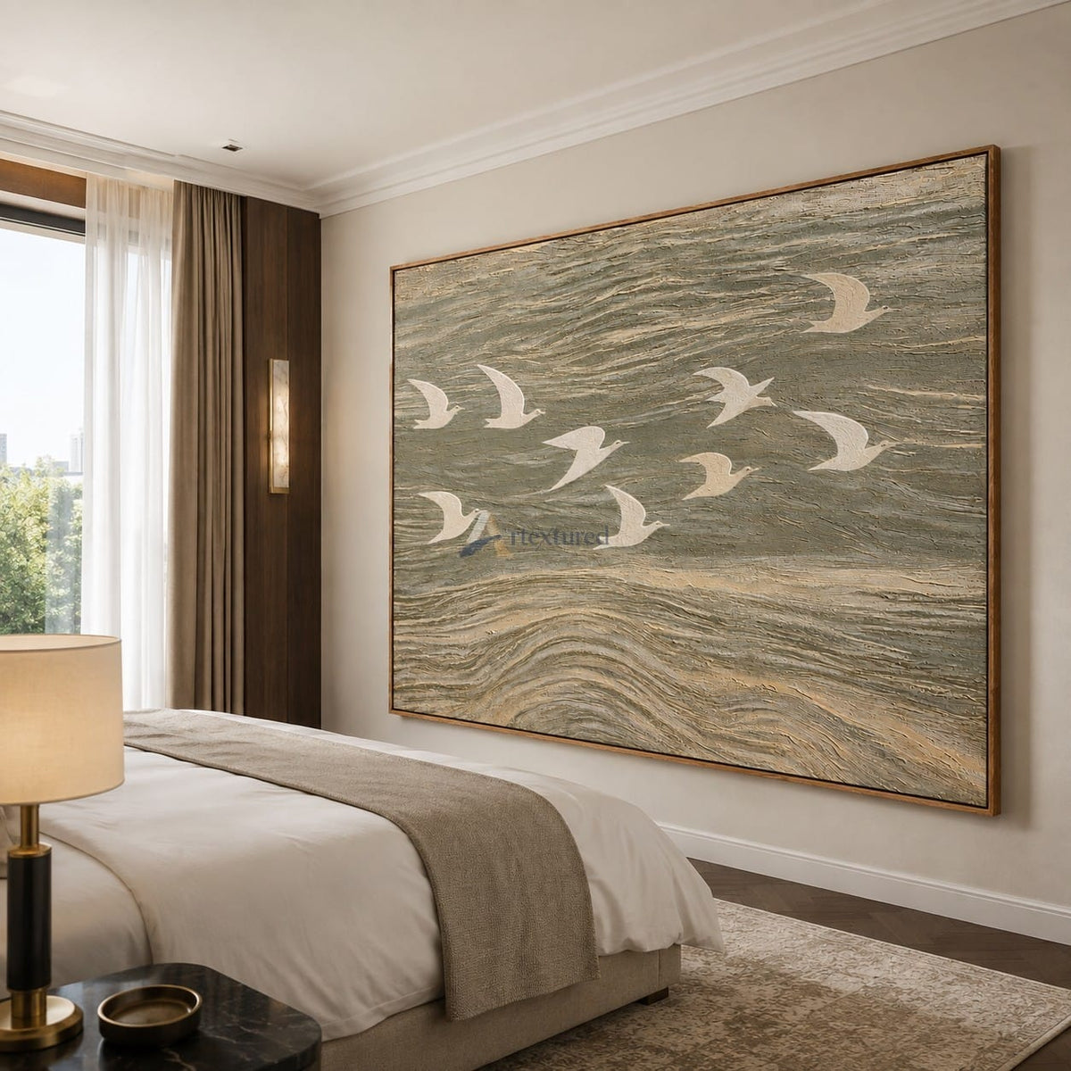 Wings Across the Tide — Neutral Textured Flying Birds Wall Art#CI260583