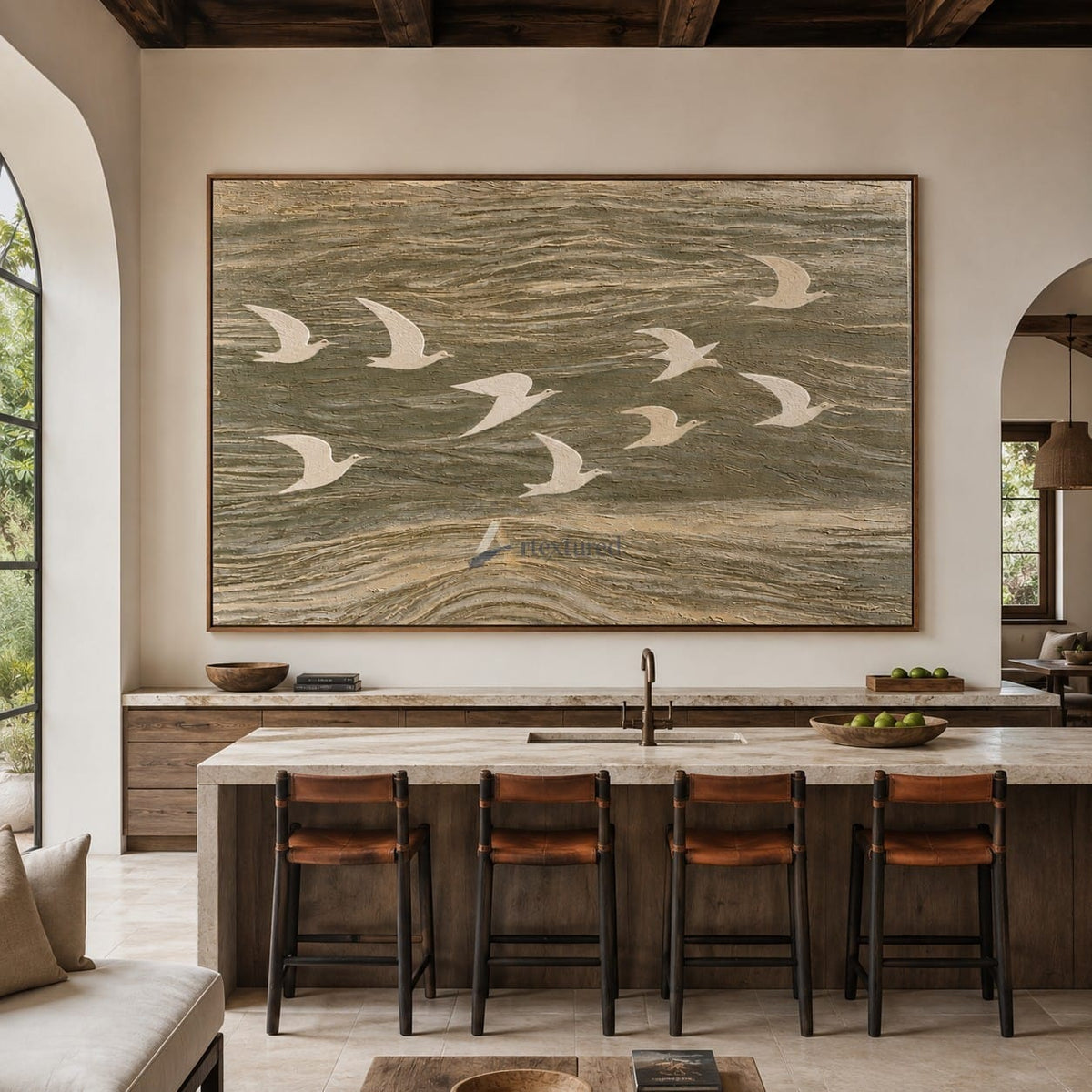 Wings Across the Tide — Neutral Textured Flying Birds Wall Art#CI260583