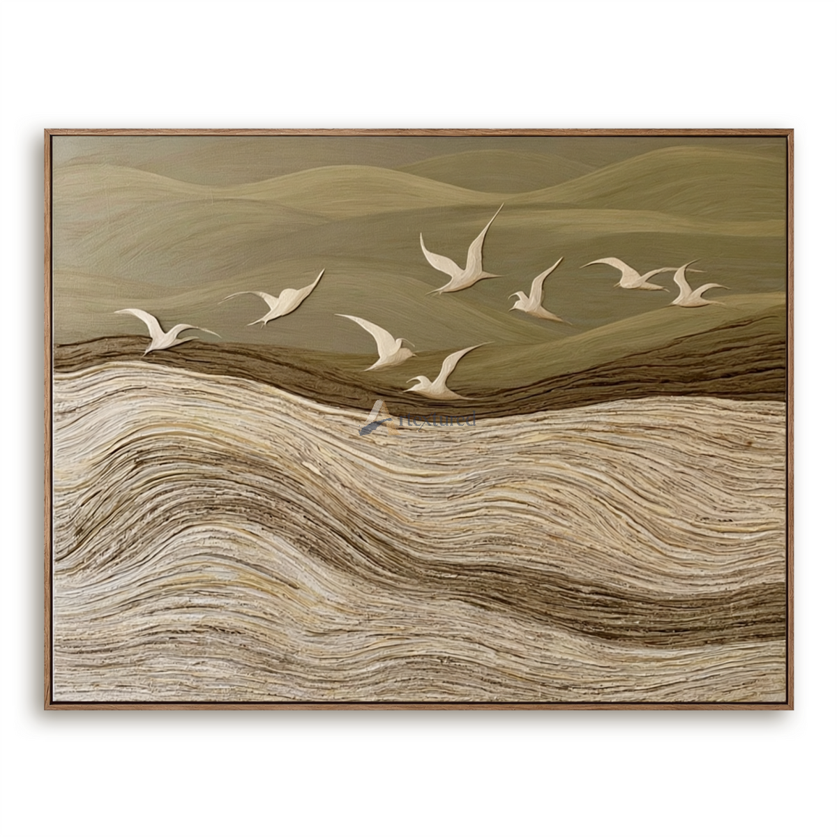 Beyond the Quiet Hills — Neutral Textured Landscape and Flying Birds Wall Art#CI260584