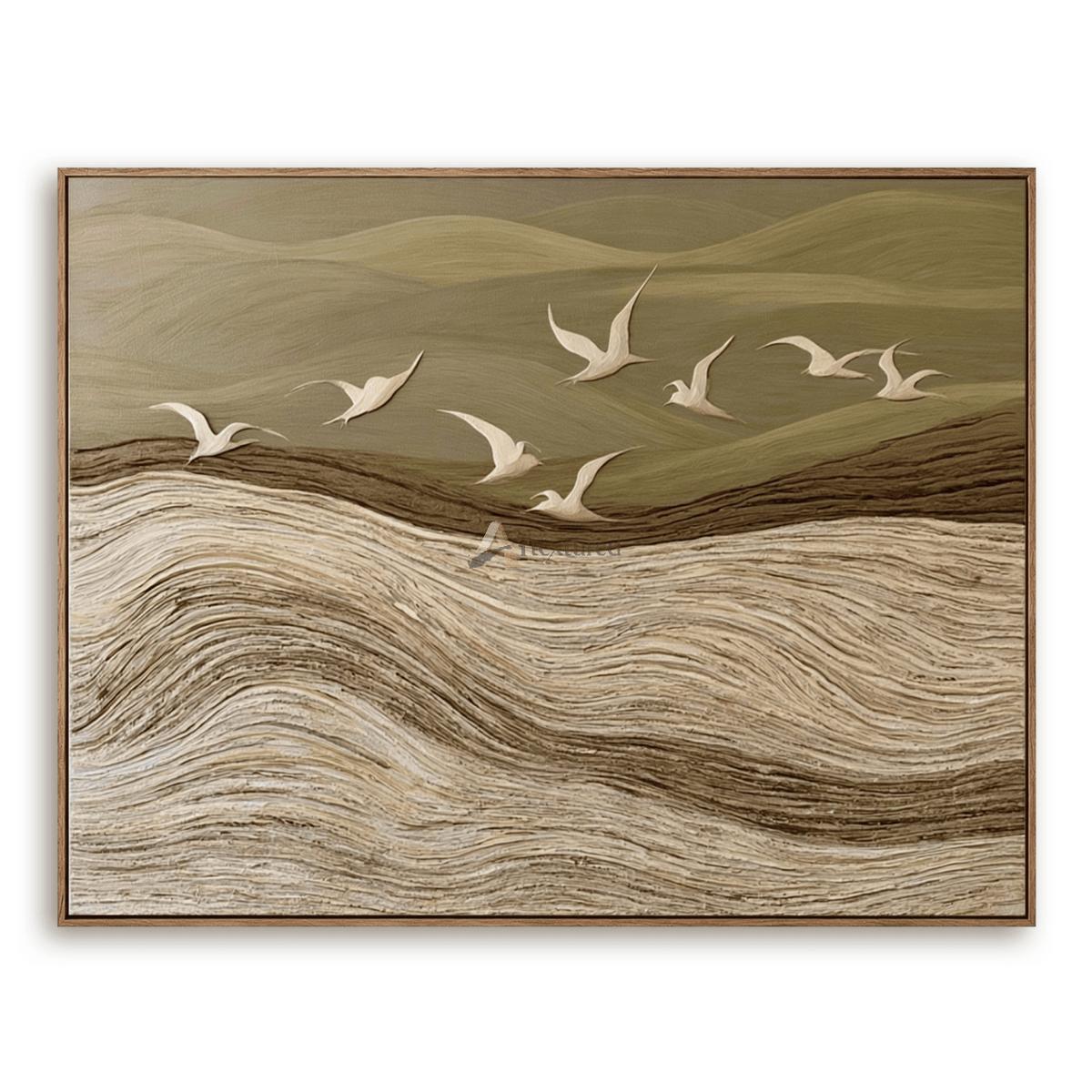 Beyond the Quiet Hills — Neutral Textured Landscape and Flying Birds Wall Art#CI260584