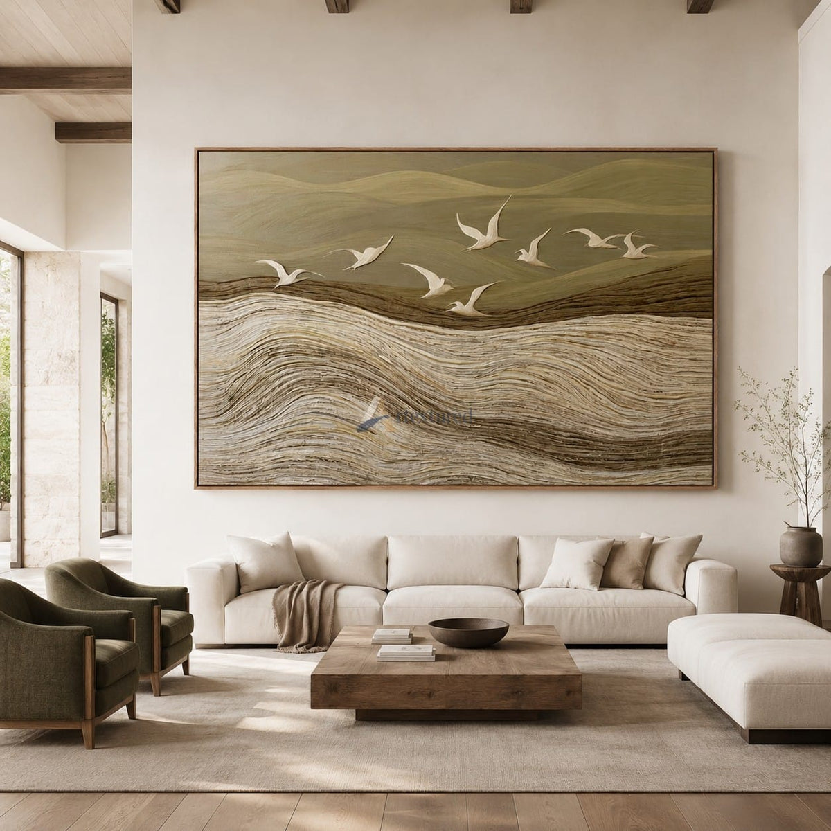 Beyond the Quiet Hills — Neutral Textured Landscape and Flying Birds Wall Art#CI260584