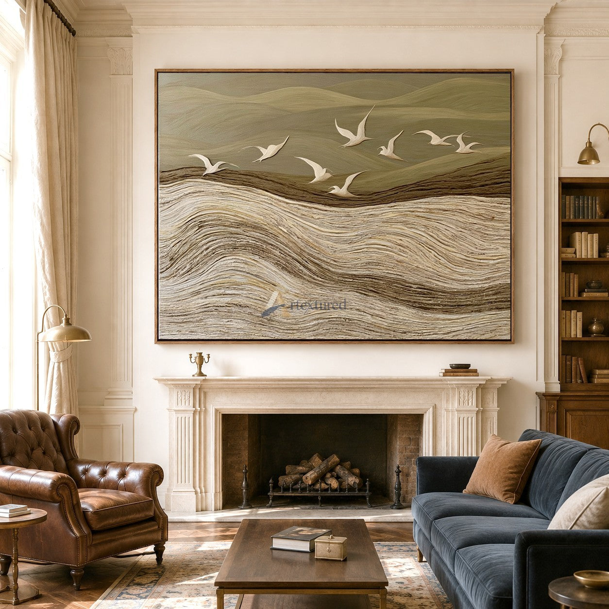 Beyond the Quiet Hills — Neutral Textured Landscape and Flying Birds Wall Art#CI260584