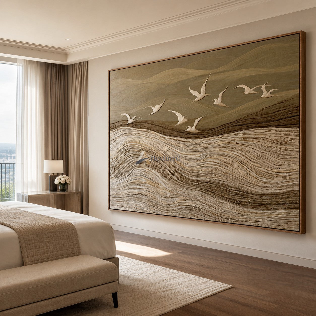 Beyond the Quiet Hills — Neutral Textured Landscape and Flying Birds Wall Art#CI260584