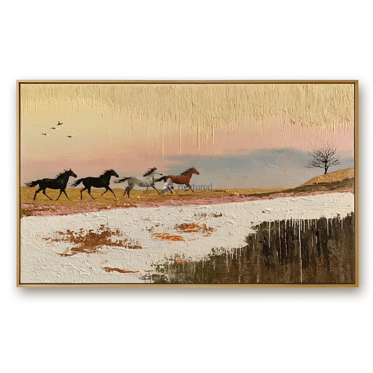 Run Into Dusk — Hand-Painted Textured Running Horses Wall Art#CI260585