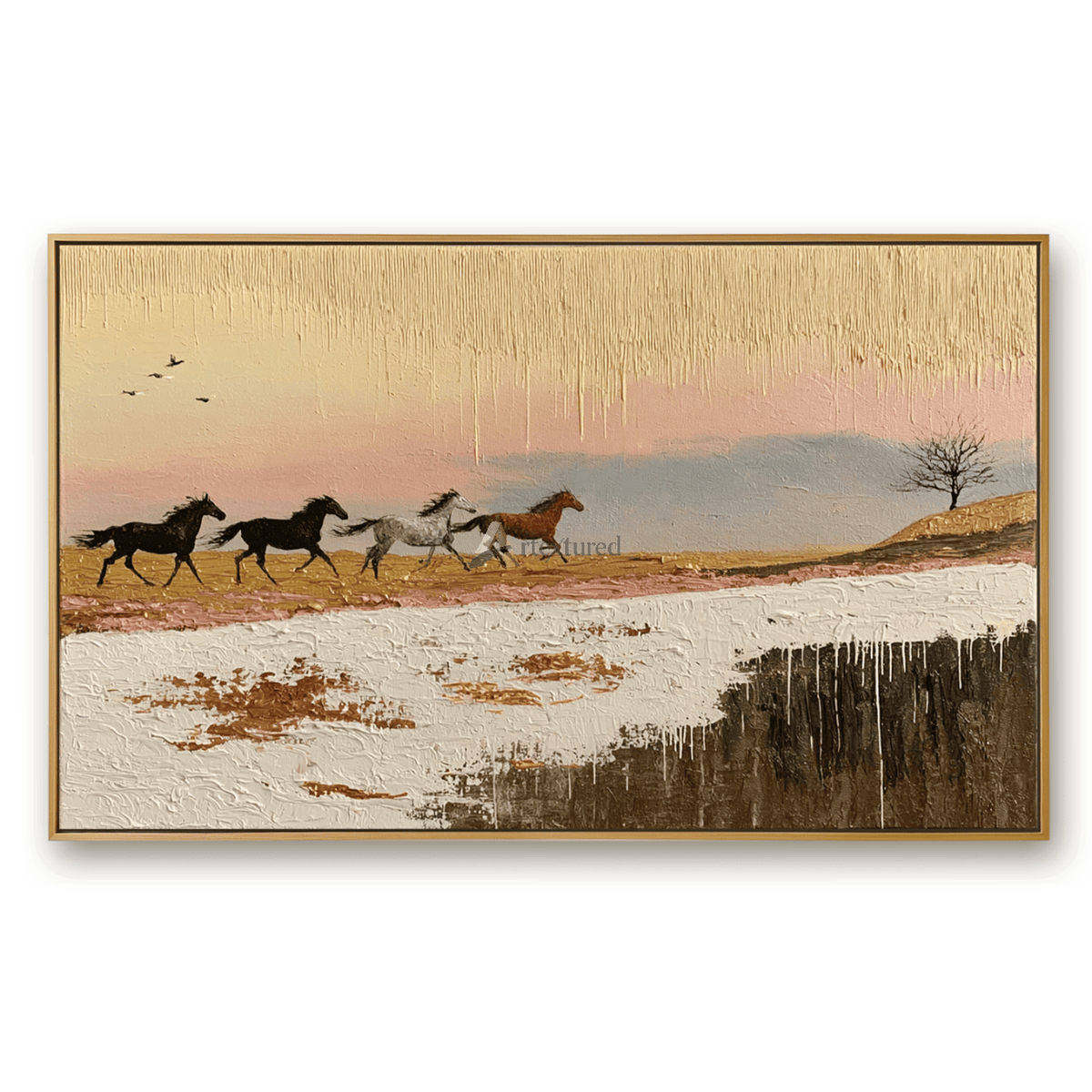Run Into Dusk — Hand-Painted Textured Running Horses Wall Art#CI260585