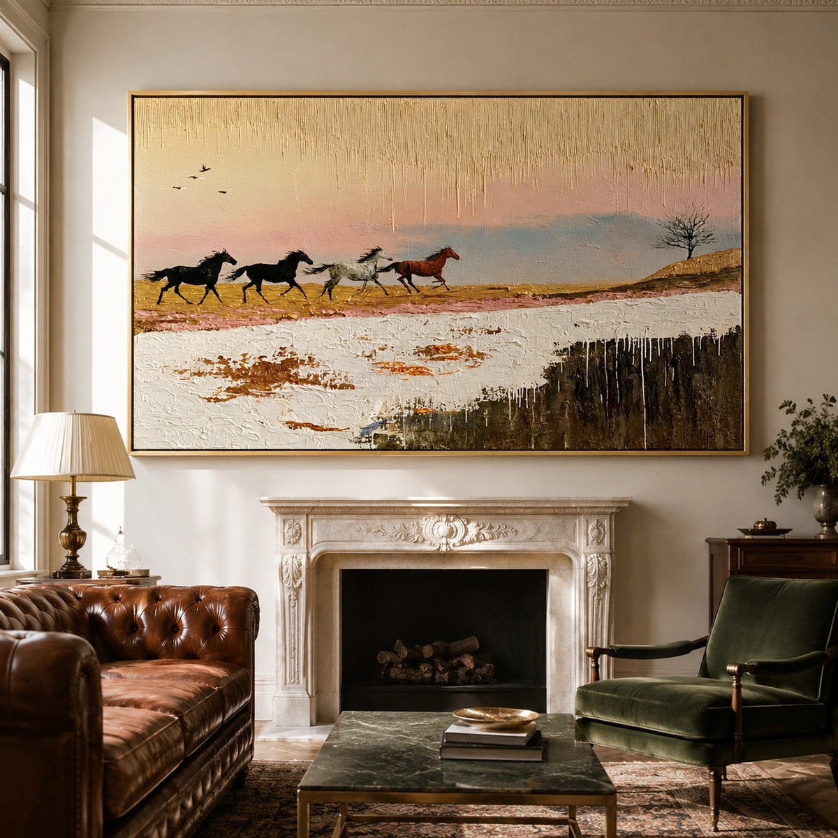 Run Into Dusk — Hand-Painted Textured Running Horses Wall Art#CI260585