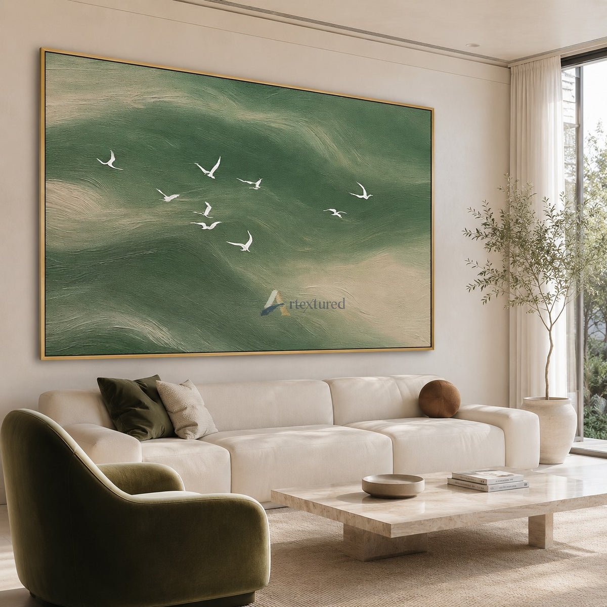 Emerald Passage — Green Textured Flying Birds Wall Art#CI260586