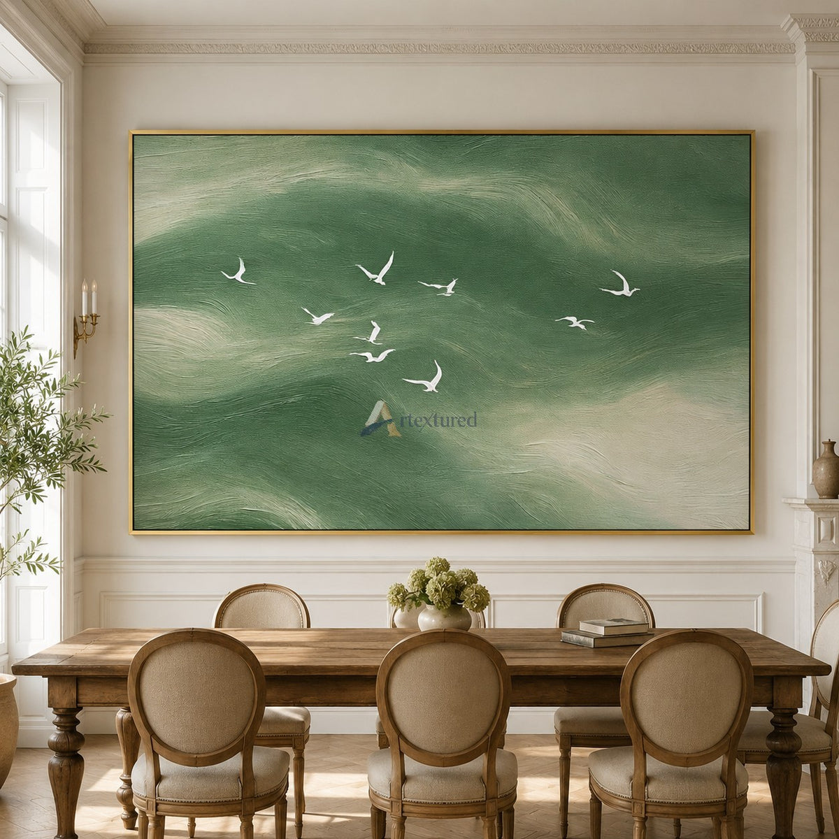 Emerald Passage — Green Textured Flying Birds Wall Art#CI260586