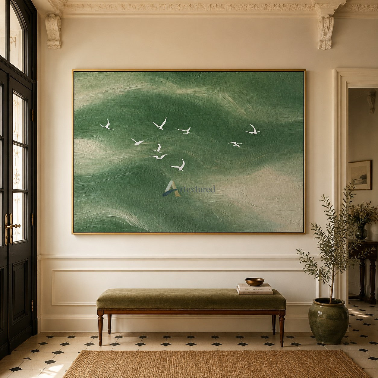 Emerald Passage — Green Textured Flying Birds Wall Art#CI260586