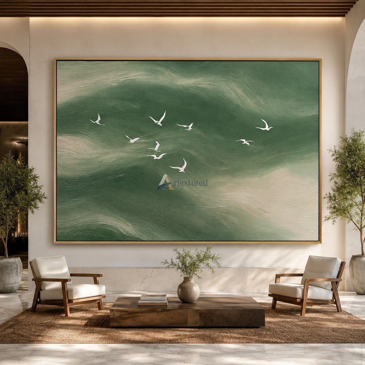 Emerald Passage — Green Textured Flying Birds Wall Art#CI260586