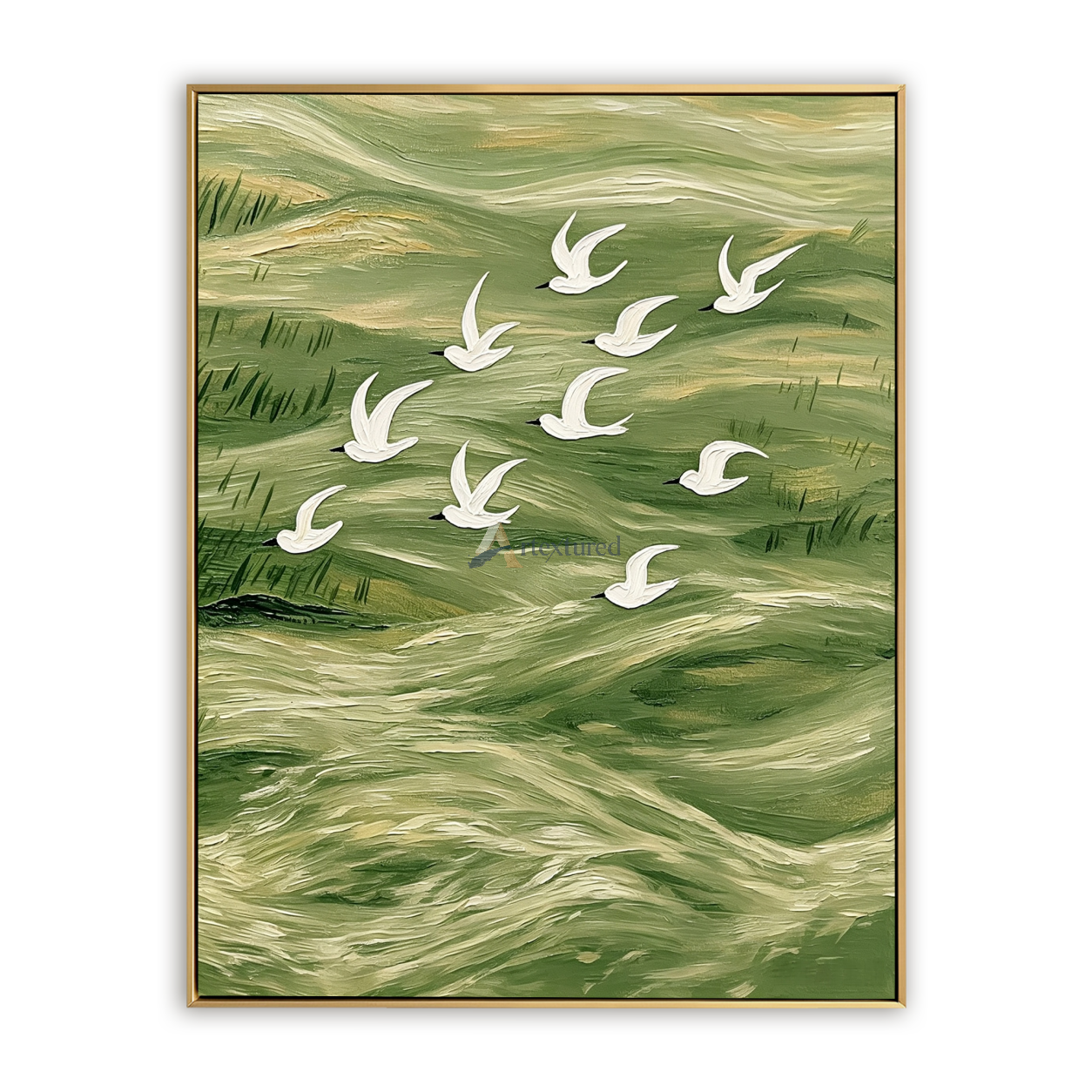Flight Over Emerald Waters — Green Textured Flying Birds Wall Art#CI260587