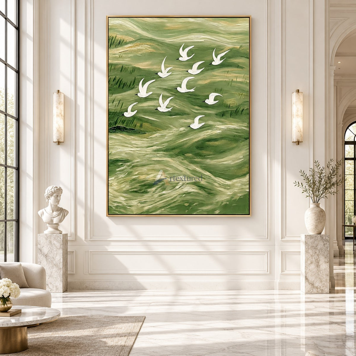 Flight Over Emerald Waters — Green Textured Flying Birds Wall Art#CI260587